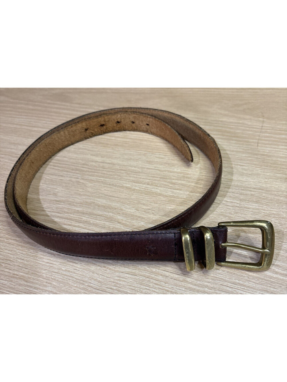Vtg Dockers Size 43 Brown Leather Belt Solid Brass Buckle Logo 1" width